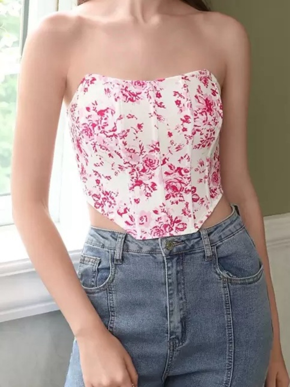 Shein Pink and White Floral Corset Top